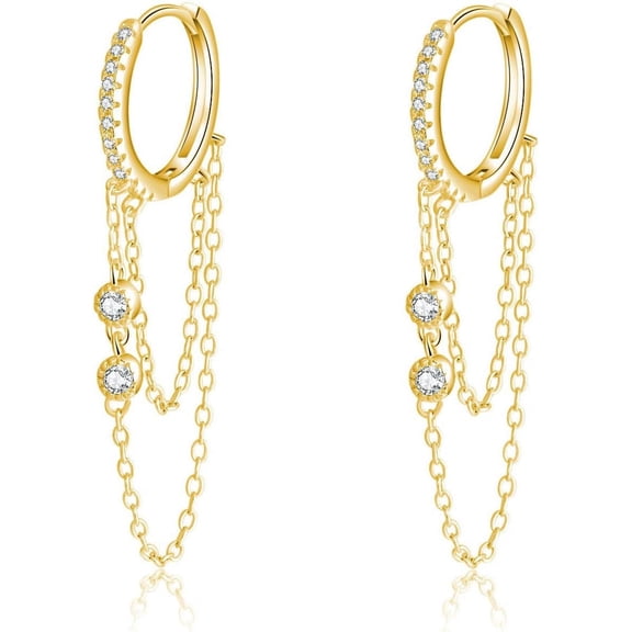 Solid 925 Sterling Silver Chain Drop Earrings - CZ Hoop Chain Dangle