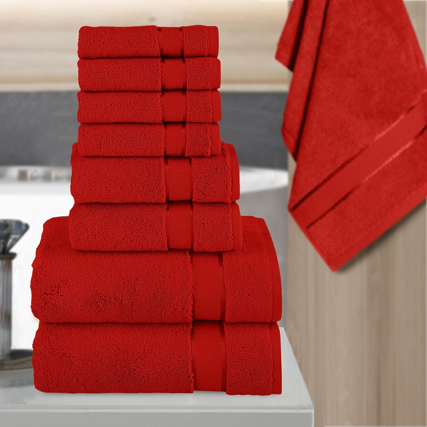 Cotton 8-Piece Towel Set, Includes 4 Washcloths, 2 Hand Towels and 2 Bath Towels, 100% Turkish Cotton - Highly Absorbent and Super Soft Towels for Bathroom, Red