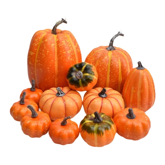 Tachiuwa 12Pcs Orange Fall Artificial Pumpkins Decoration Assorted Size Realistic Halloween Party Supplies Stackable for Wedding Party
