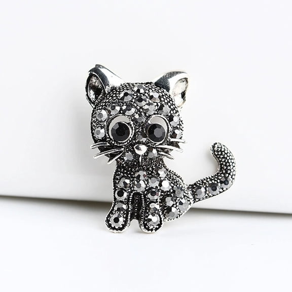 Glittering Black Cat Lapel Pin, Jeweled Feline Brooch with Lapel Pin Backs, Badge Buddy Pin Holder, Wardrobe Adornment Piece for Cat Themed Gifts, Black Cat Gifts, Cat decor for