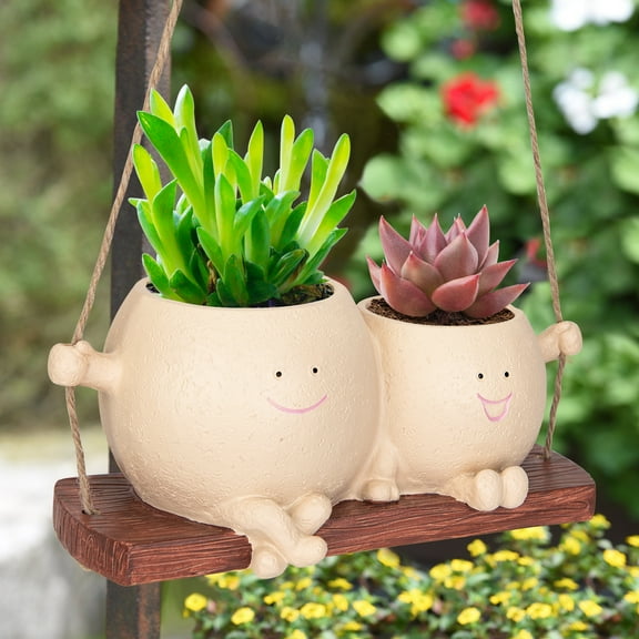 Face Planters Pots,Smily Face Planter Pot Cute Resin Flower Head Planters for Indoor Outdoor, Sit Rocking Chair Succulent Flower Pots with Drainage Hole, Gift IdeaI for Birthday, Christmas