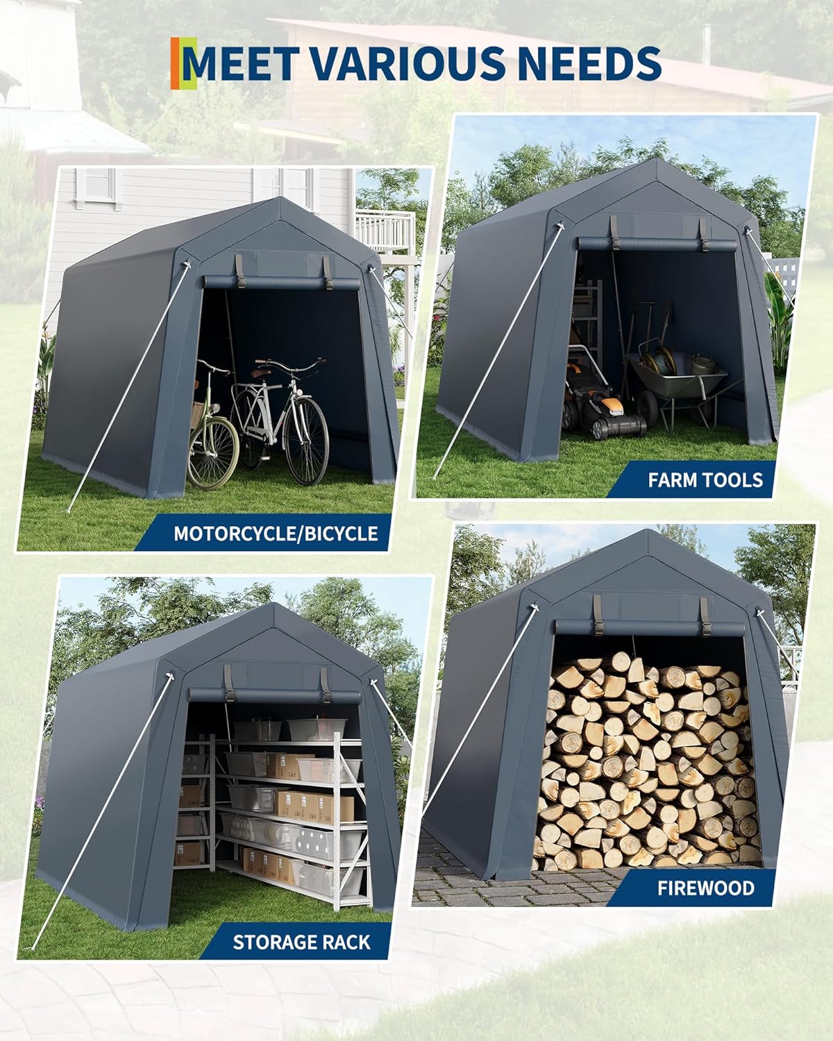 M optimized 6x8ft Outdoor Portable Storage Shed w/ Roll-Up Door & Vent, 240G Heavy-Duty Shelter Waterproof PE Tarp, UV-Resistant Storage Sheds for Motorcycle, Firewood, Garden and Tools