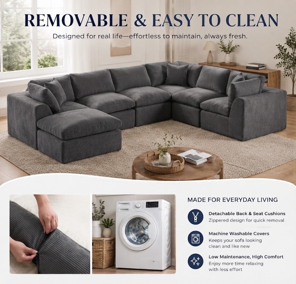 Oversized U-Shaped Sectional Sofa with Ottoman, 7-Seater Modular Chenille Cloud Couch, Deep Seat Frameless Sofa for Living Room, Apartment, Office