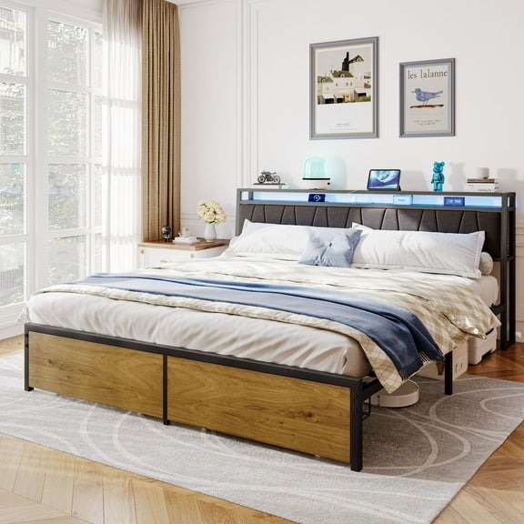 King Bed Frame with Linen Fabric Headboard, Sesslife Platform Bed with LED Light and 2 Storage Drawers, Bed Frame King Size with Charging Station, No Box Spring Needed, Large Under Bed Space, Black
