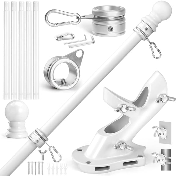 Flag Pole Kit- Stainless Steel 5 FT Flag Poles with1 Inch Metal 360° Rotating Flag Pole Rings Clip, Two-Position Flag Pole Holder Brackets Mounting for Outside House Outdoor Porch(5 FT - Sliver)