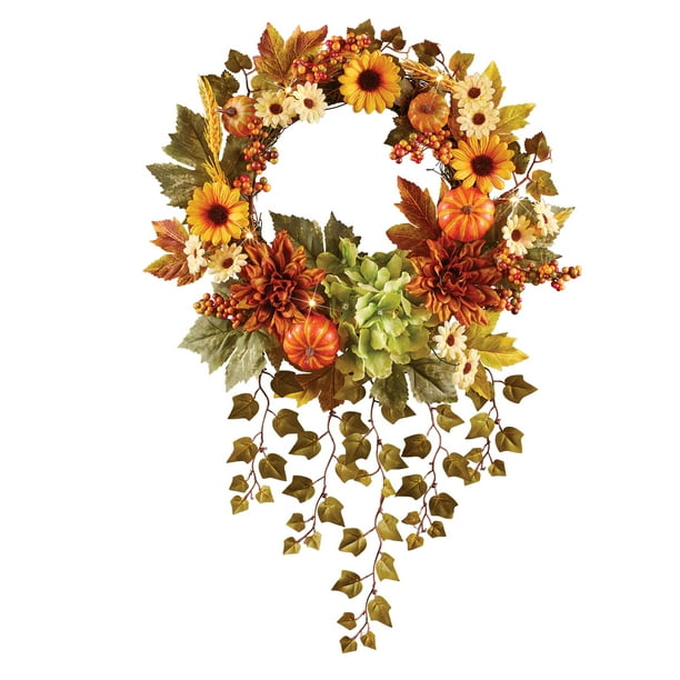 Led Lighted Autumn Sunflower Wreath With Hanging Ivy Has A Colorful Assortment Of Fall Flowers And Hook On Back For Easy Hanging Walmart Com Walmart Com