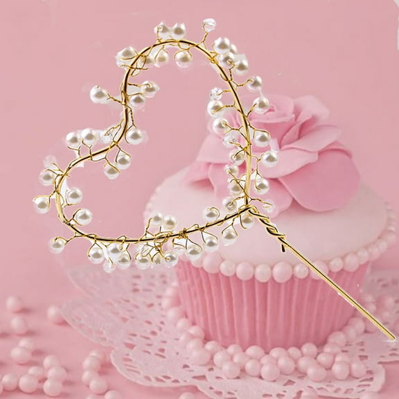 ULTNICE Loving Heart Pearl Cake Topper Copper Golden for Cupcake Decoration 3.5 x 2.8 Inches