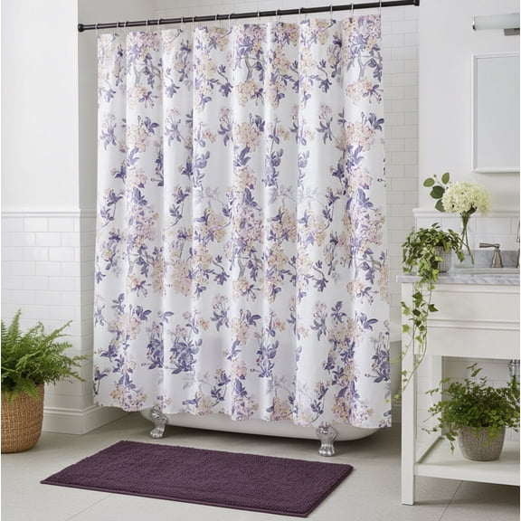 Serafina Home Floral Shower Curtain: Watercolor Fabric, Pink Purple Yellow White 72" x 72" inch (Giardino)