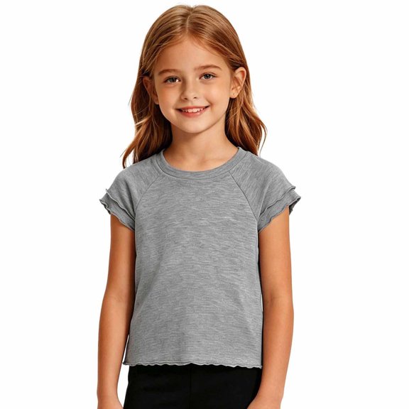 EliteGoogv Girls Kids Solid Color T-shirt Crew Neck Short Sleeve Tee Tops Stretchy Classic Fit Blouse Summer Fall Casual Tops Grey 4-5 Years