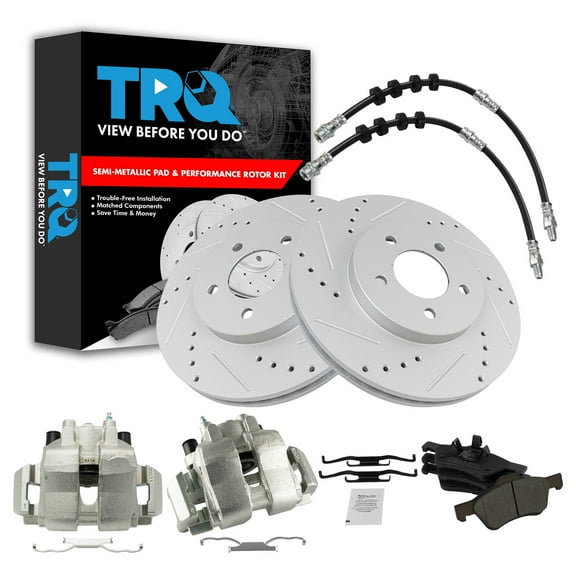 TRQ Front Performance Brake Pad & Rotor Kit Brake Caliper Brake Hose Brake Pads Brake Rotors Set Semi-Metallic Premium G-Coated Fits Select 2008-2009 Ford Escape Mazda Tribute Mercury Mariner