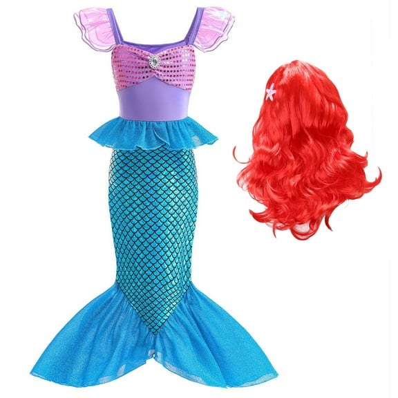 Princess Mermaid Costume for Little Girlswith Red Wig Birthday Party Dress