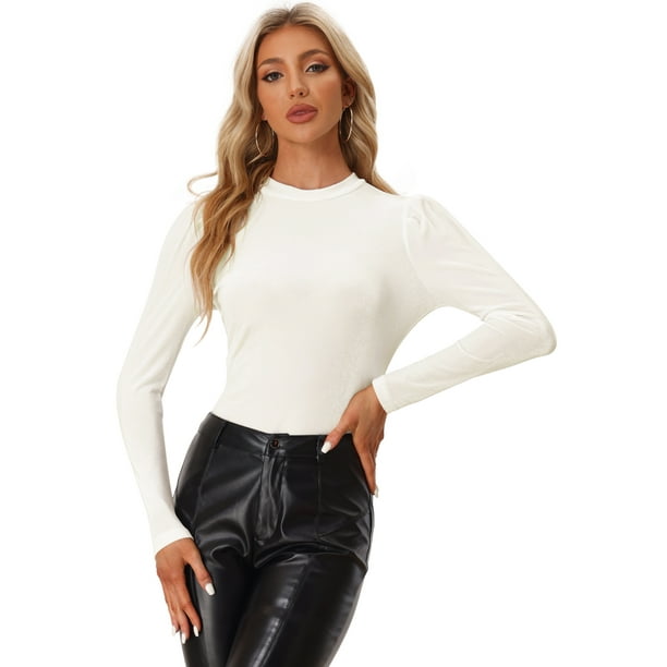 Blusa de terciopelo Allegra K con cuello simulado y purpurina metálica Blanco L
