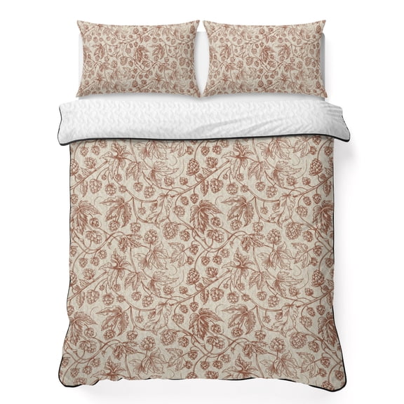Queen Quilt Set 90''x96'', Brown Flowers Lightweight Bedspread Coverlet Set with 2 Pillow Shams, Vintage Farmhouse Floral Leaves Vines Breathable All Season Quilt Bedding for Bedroom/Guest Room