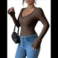 thumbnail image 2 of Camisetas Ajustadas con Cuello en Forma de Corazón para Mujer, Tops de Punto Acanalado con Mangas Largas Acampanadas Color Café XL, 2 of 7