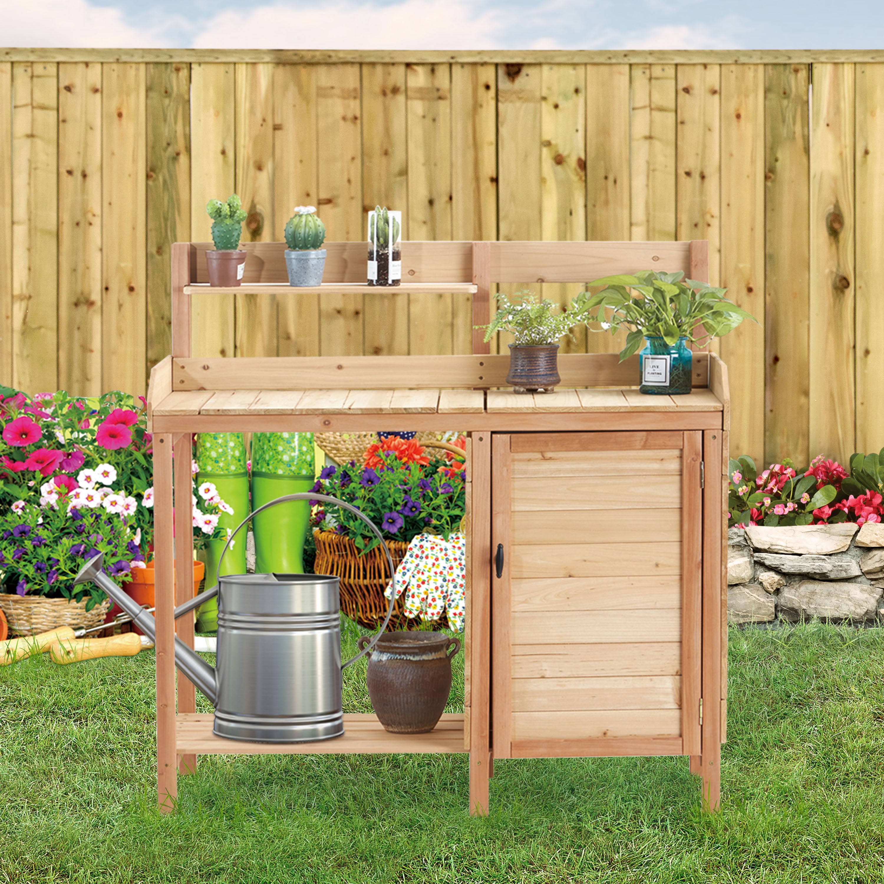MAYEERTY Outdoor Wooden Potting Bench with Sink, Removable Tray & Side Hooks, Garden Workstation for Patio, Backyard