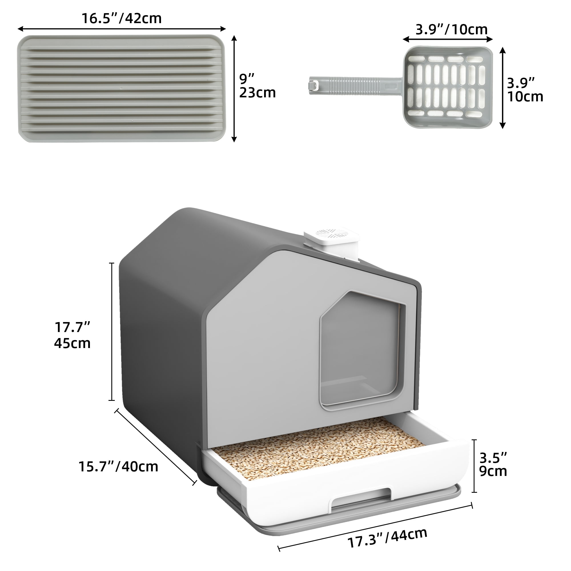 Uforic Extra Large Enclosed Cat Litter Box with Mat and Litter Scoop,Cat Toilet Box with Lid Drawer Type Easy to Clean,Gray