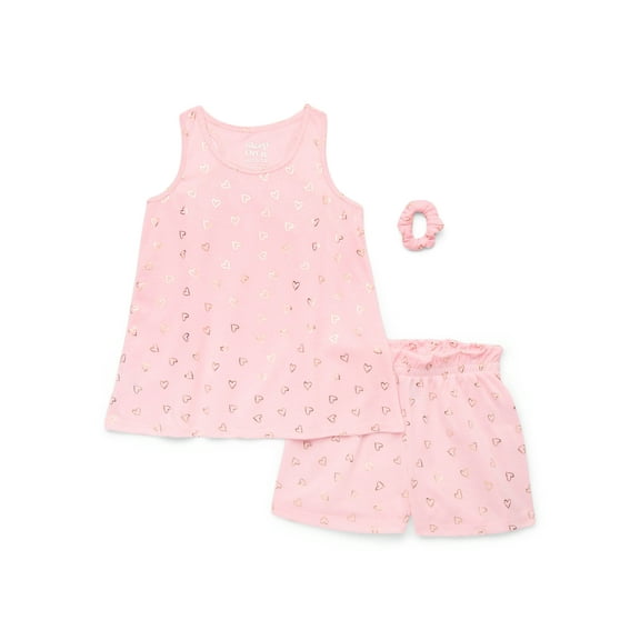 Sleep On It Girls Metallic Heart Print Tank and Shorts with Scrunchie Pajama Set, 3-Piece, Sizes 7-16