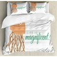 thumbnail image 1 of Jellyfish Duvet Cover Set King Size, Life is Magnificent Typography with Funny Cartoon Ocean Animal, Decorative 3 Piece Bedding Set with 2 Pillow Shams, Peach Sea Green and White, by Ambesonne, 1 of 3