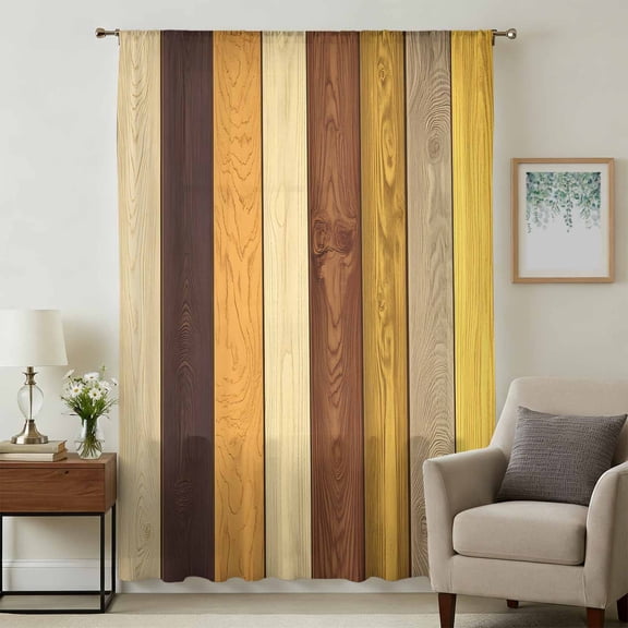 Farmhouse Yellow Brown Sheer Curtains 108 Inches Extra Long, Retro Vintage Wood Light Filering Curtains, Privacy Drapes Simi Floor to Veiling Curtain for Living Room Bedroom Large Window Treatment