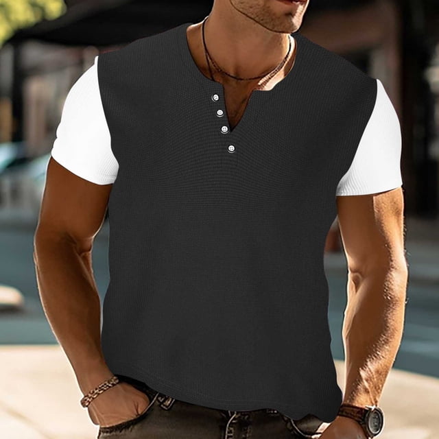 pstuiky camisetas de hombre, Camiseta de manga corta para hombre, de 1 botón, talla europea, color liso, holgada, transpirable, informal, de manga corta y cuello redondo. m