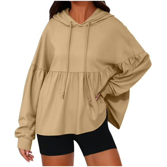 FAIWAD Hoodies for Women Long Sleeve Drawstring Peplum Hem Loose Hooded Sweatshirts Casual Babydoll Pullover Tops