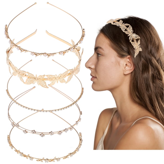 5 diademas decorativas delicadas, diadema dorada, tocado para niña, tocado dorado
