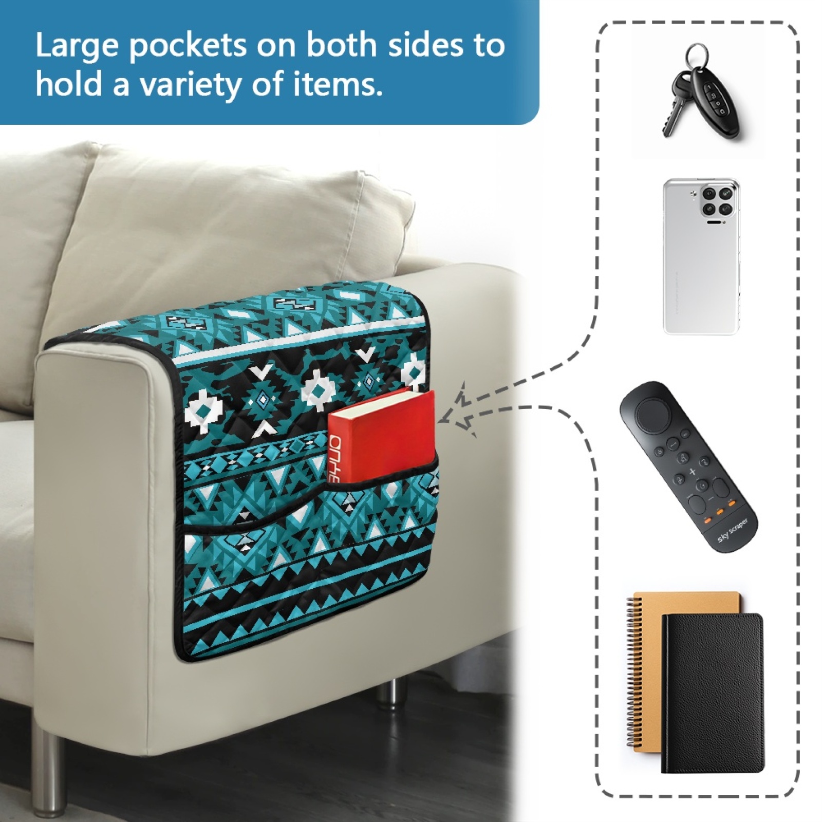 TSOVTHRID Blue Aztec Tribal Geometric Print Arm Rest Cover for Sofa with 2 Pockets Dustproof Chairs Arm Covers Anti-scratch Furniture Protector for Pet Dog Cats Easy to Install