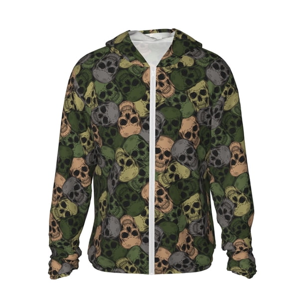 Fotbe Camouflage Skulls Chaqueta con Protección Solar UPF 50+ para Hombre y Mujer, Camisa con Capucha y Bolsillos-3X-Large