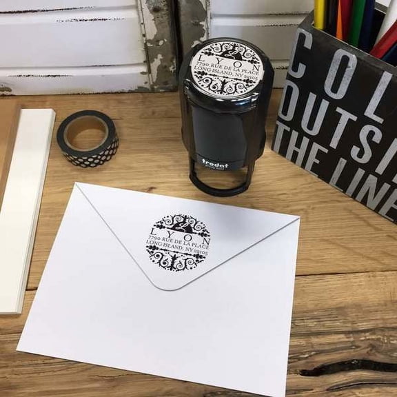 Personalized Round Self-Inking Rubber Stamp - The Lyon Script Initial