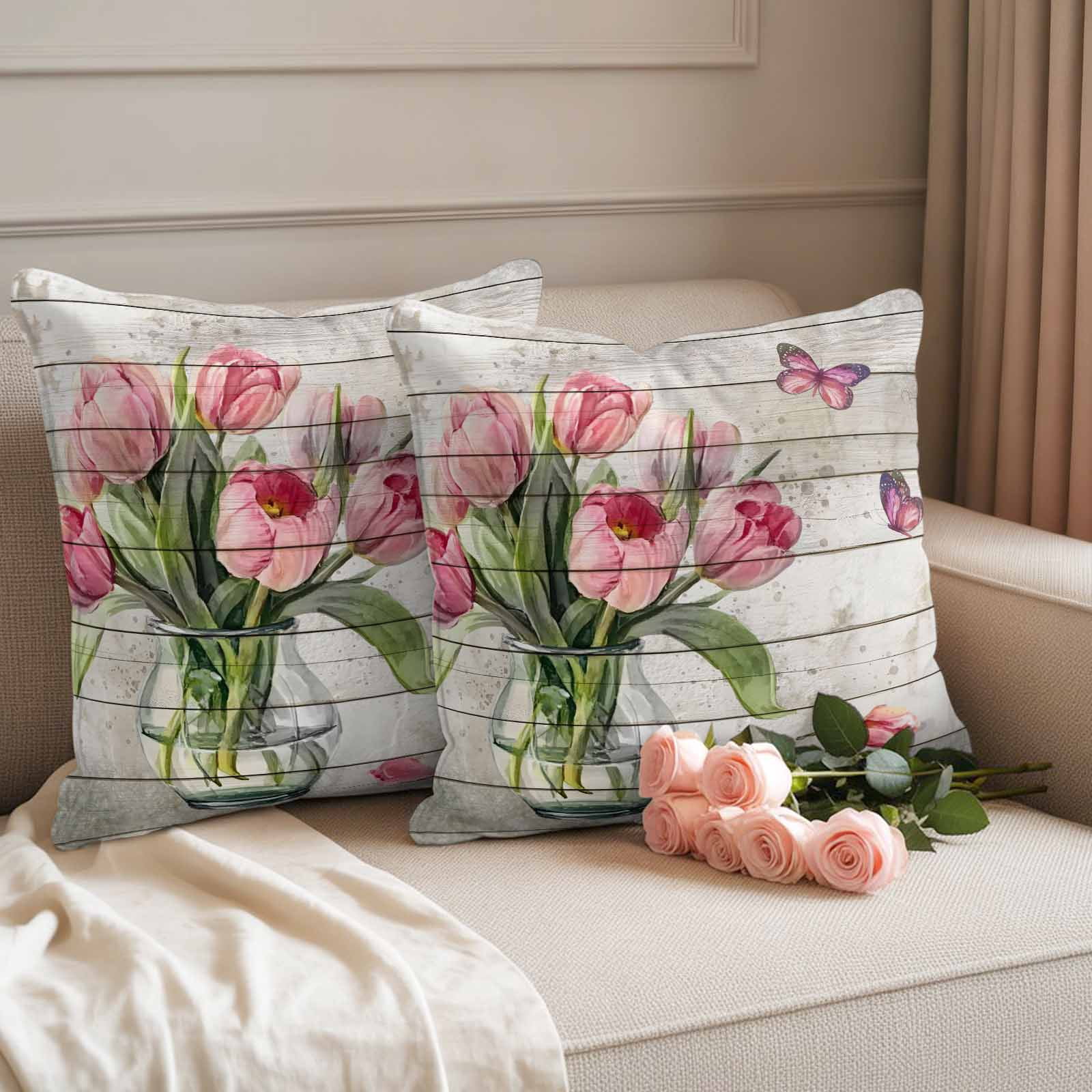 Pink Tulip Outdoor Waterproof Pillow Covers, Vintage Spring Floral Retro Art Butterfly Wooden Decorative Square Throw Pillowcase Sofa Cushion Sham for Patio/Couch/Chair, 24"x24" 2 Pack