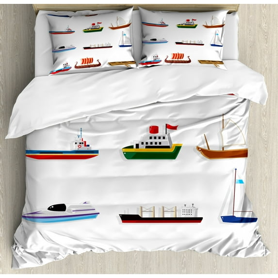 Marine Duvet Cover Set Queen Size, Old and New Different Types of Sailboats and Ships in Cartoon Style Nautical, Decorative 3 Piece Bedding Set with 2 Pillow Shams, Multicolor, by Ambesonne