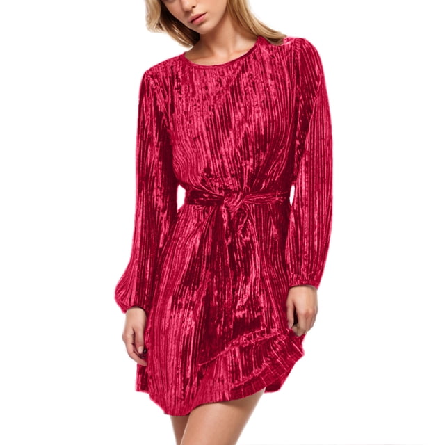 cfhntfmh Robes en Velours pour Femmes Confortable Col Ras du Cou Manches Longues Robe Mini Douce Ceinturée Couleur Unie Robe Courte d'Automne