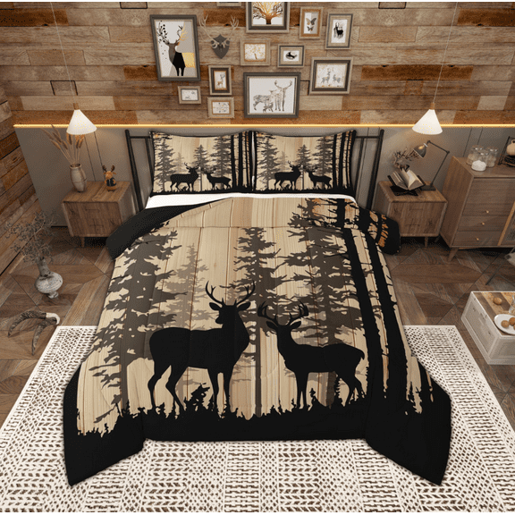 Manfei Wildlife Deer Elk Bedding Comforter Set for Man, Rustic Farmhouse Wooden Plank Twin Comforter Sets, Brown Animal Reversible Bedding Set, Luxury Bedroom Decor, 2-Piece