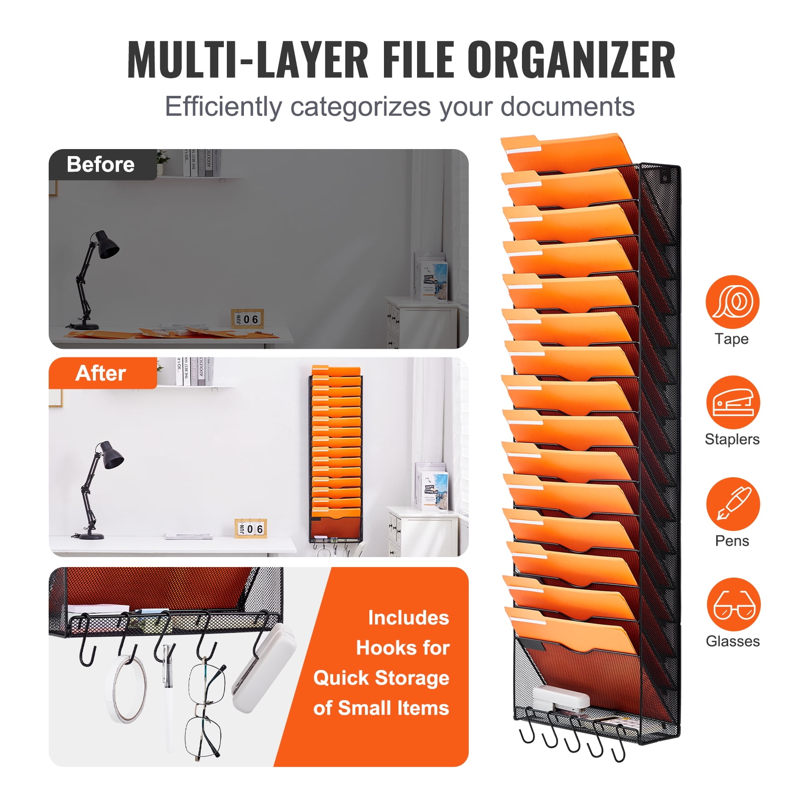 KFFKFFWall File Rack, 16-Slot Single Piece Mesh Organizer, Wall-Hanging Magazine, Mail, Paper & Document Holder, Metal Storage with Label Tags, Ideal for Office, Home & School Use