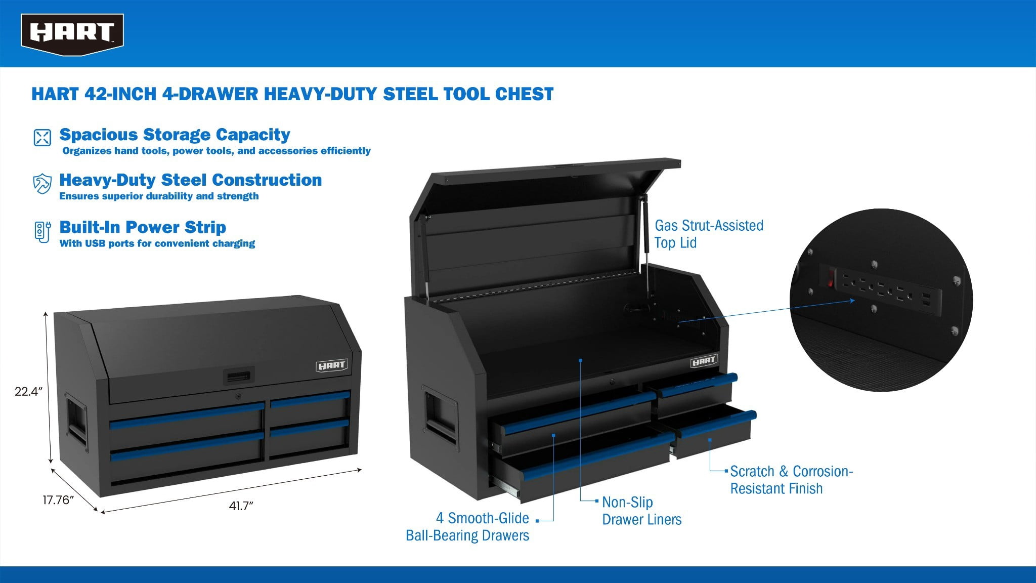 HART 42-Inch 4-Drawer Heavy-Duty Steel Tool Chest, Locking Top Storage for Garage Tools