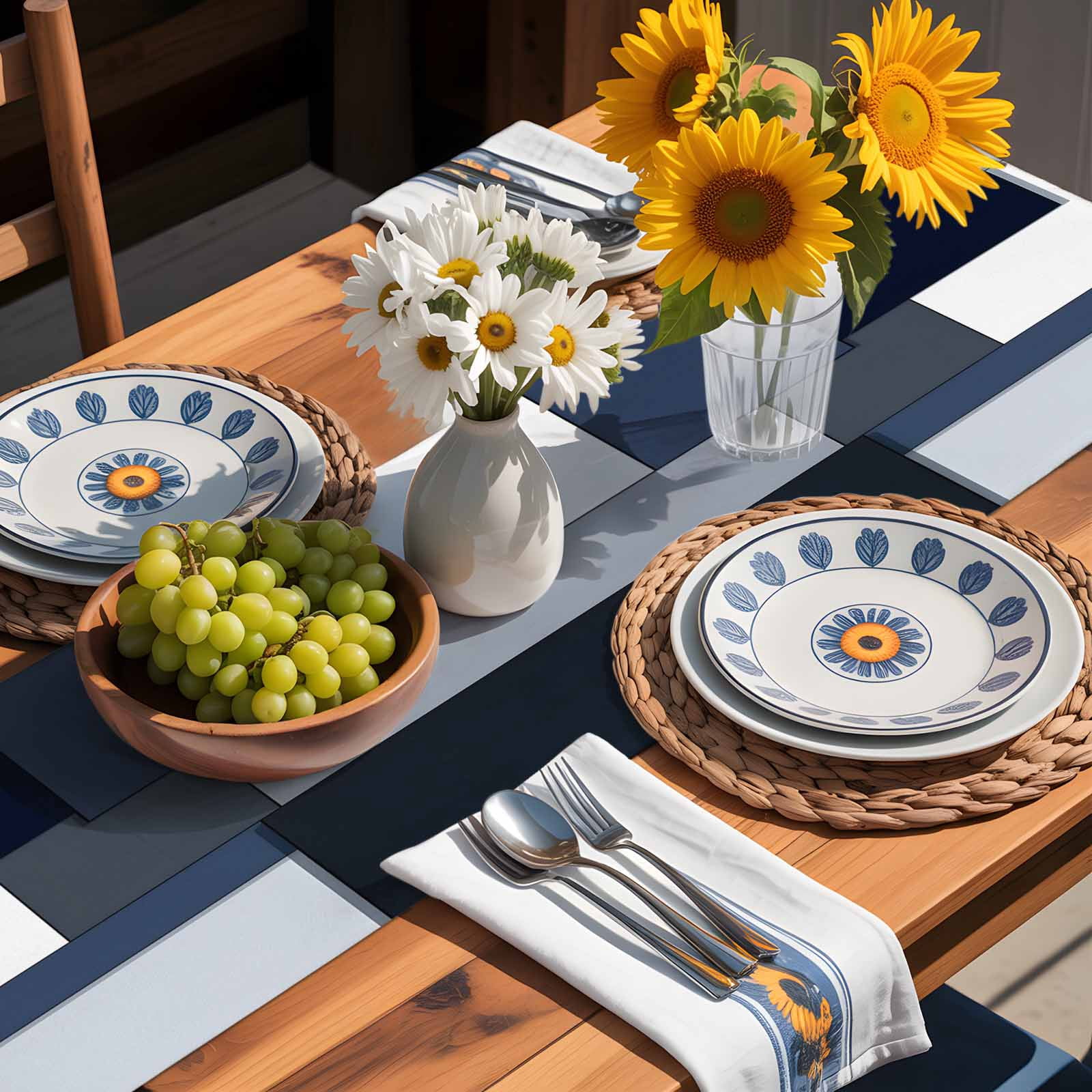 Black White Blue Patchwork Table Runner 90 Inches Long, Abstract Geometric Art Table Runners Tabletop Scarf Kitchen Dining Tables Decoration for Home Party Indoor Outdoor