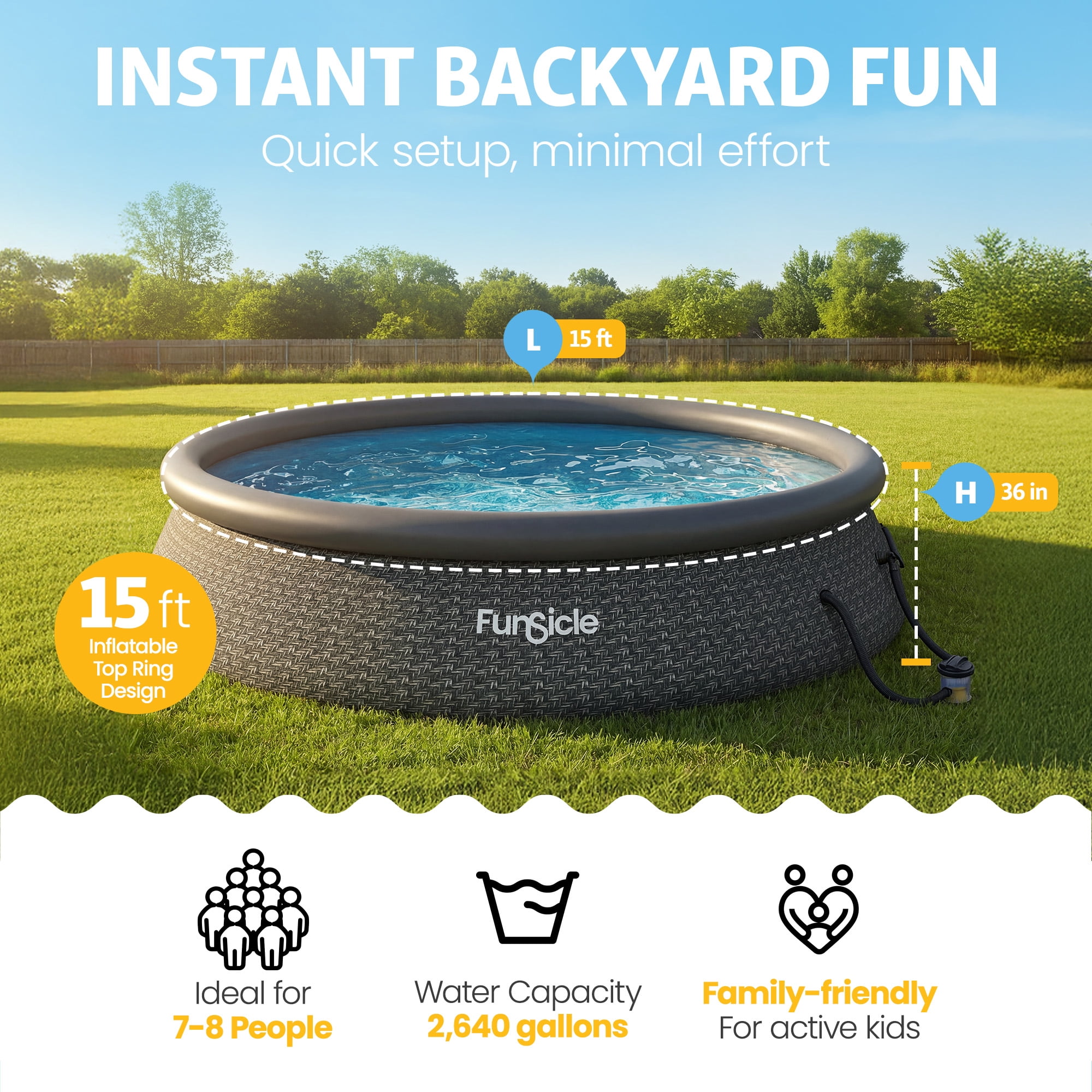 Funsicle 15' x 36" QuickSet Inflatable Ring Top Outdoor Above Ground Pool with Pump