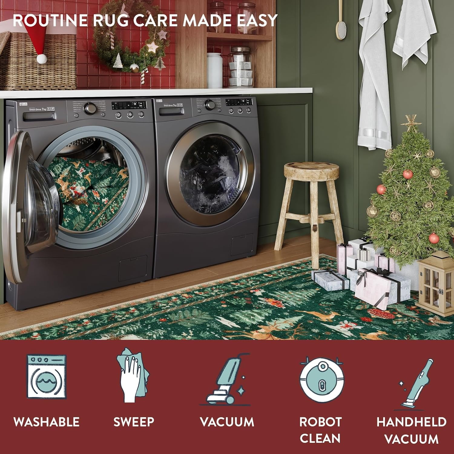 Lahome Christmas Rug,2'x6'Christmas Runner Rug,Holiday Machine Washable Non Slip Christmas Xmas Decoration Kitchen Rug Mat,Indoor Christmas Carpets for Living Room,Snowflake Rug,Green