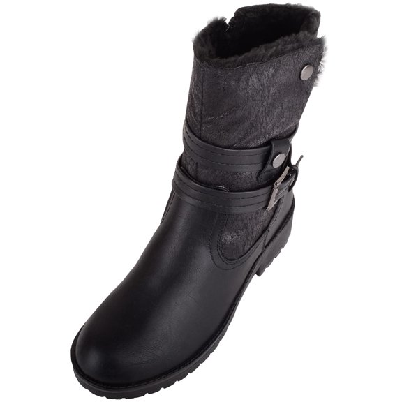 ABSOLUTE FOOTWEAR Womens Chunky Soled Fleece Lined Faux Leather Ankle Boot with Inside Zip - Black - US 6