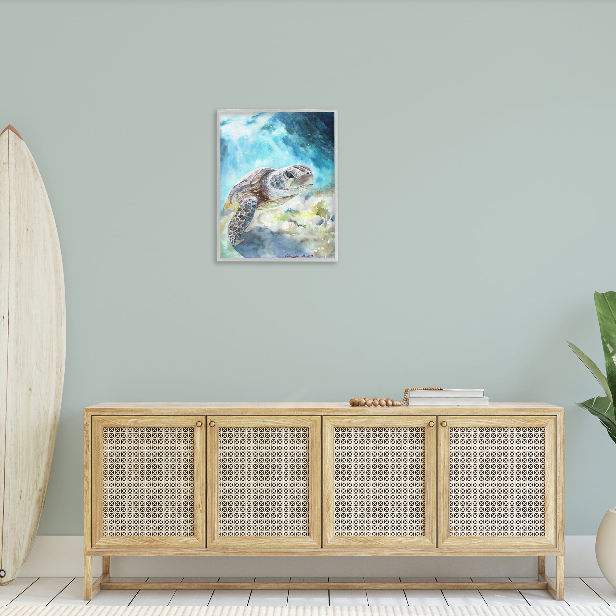 Stupell Industries Sea Turtle Ocean Watercolor Animals & Insects Painting Gray Framed Art Print Wall Art, 24 x 30