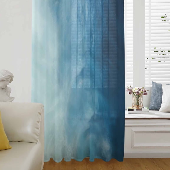 Blue Ombre Sheer Curtains 84 Inches Long for Living Room/Bedroom, Coastal Beach Modern Abstract Art Rod Pocket Voile Kitchen Curtains & Drapes Window Treatment 1 Panel, 52"W x 84"L