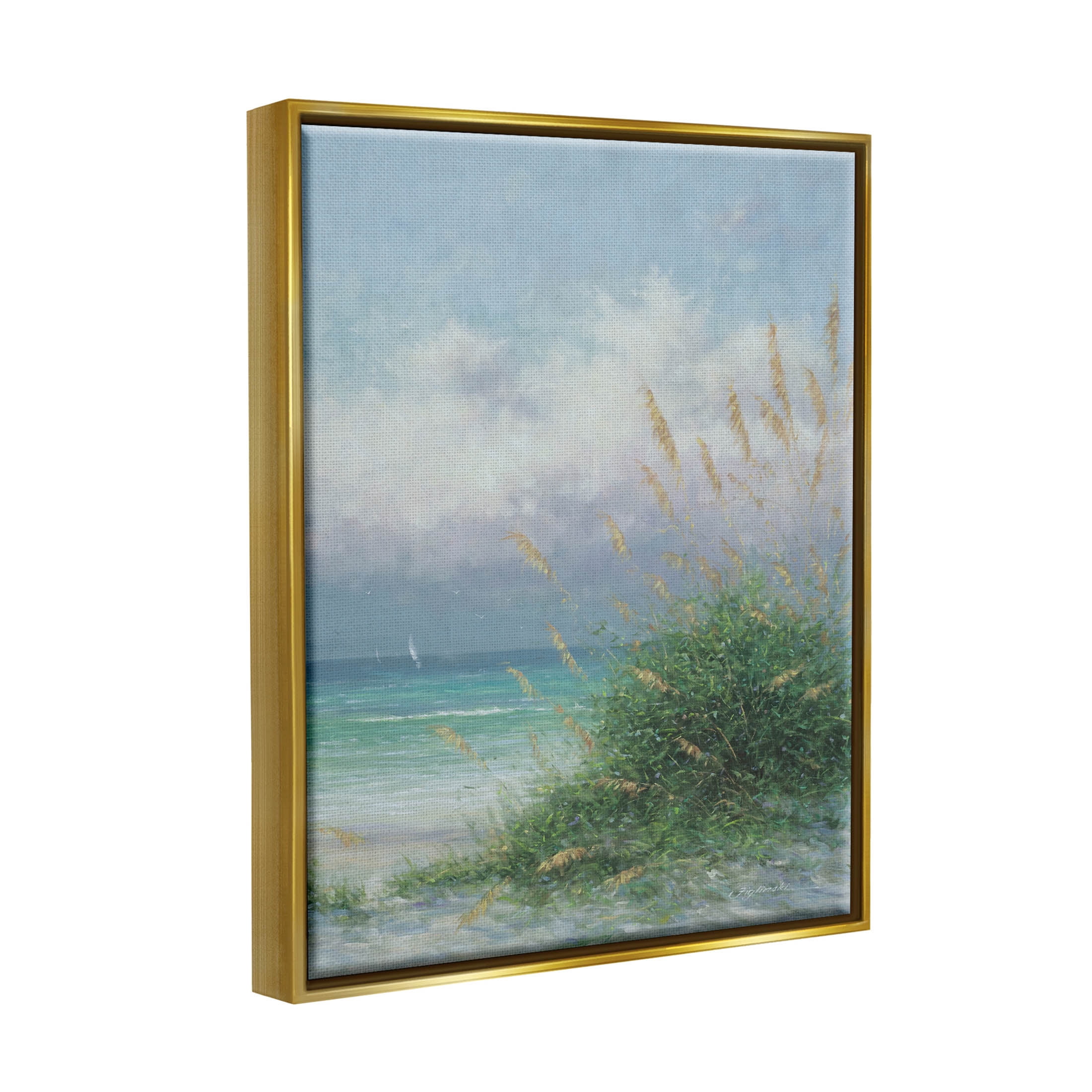 Ocean Waves Beach Reeds Coastal Painting Metallic Gold Framed Art Print Wall Art