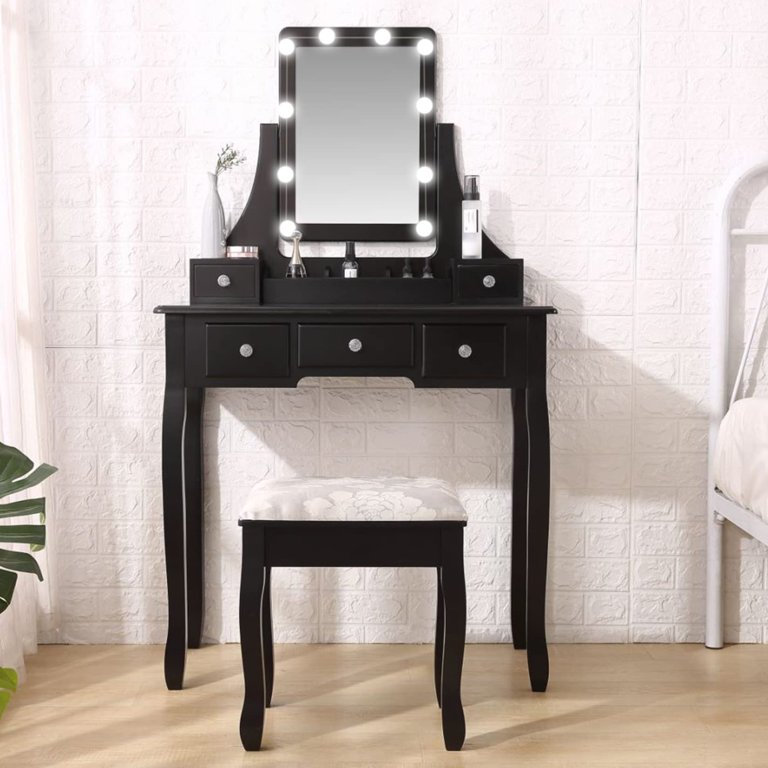 Veanerwood Makeup Vanity Table Set with Shelves & Cabinet & Drawers, Cushioned Stool Set, Black, Size: Large