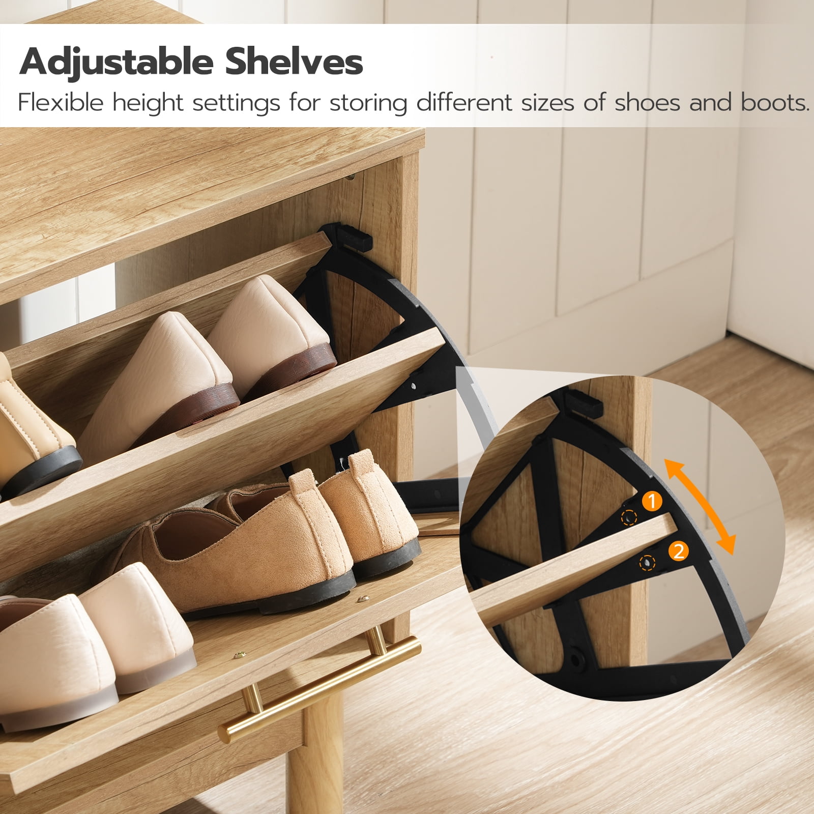 HOOBRO Narrow Rattan Shoe Storage Bench with Flip Drawers, Natural
