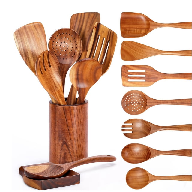 Juego de utensilios de cocina de madera de acacia natural de 9 piezas con soporte para cucharas - Soporte para cucharas y utensilios de cocina de agarre cómodo