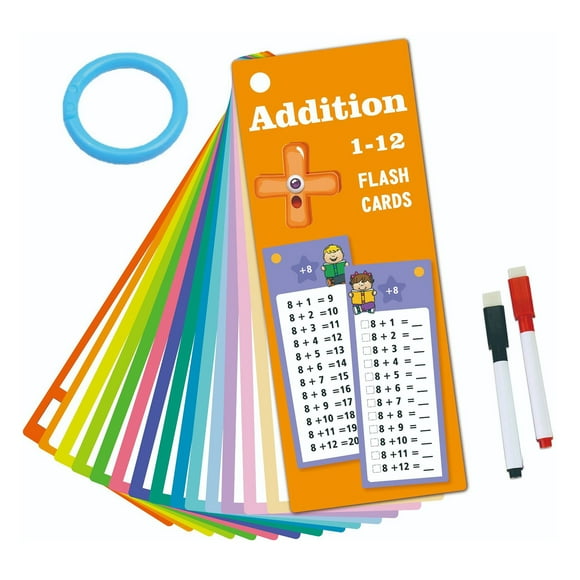 Primegos 1-12 Addition Flashcard with 2 Dry-Erase Pens Reusable Kids Educational Math Learning Double-sided Question Card Children Self Check Kindergarten Teacher Teaching Aid