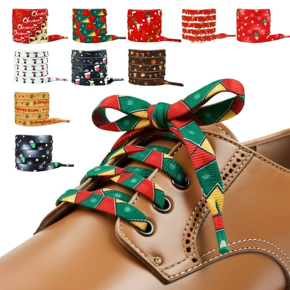 Lksixu Christmas Shoe Laces for Sneakers, 47 Inch Flat Xmas Themed Printed Shoelaces, Polyester Colored Decorative Shoelaces Replacement Strings for Kids Adults
