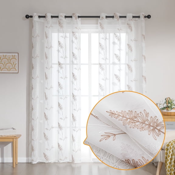 Sonive 2 Piece White Leaf Sheer Curtain, Botanical Embroidered Window Curtain Panels for Bedroom Living Room, 52" × 84"