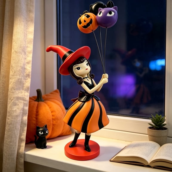 Bella Lux Cute Holiday Cartoon Girl Resin Figurine With Balloon Bouquet, Tabletop Statue Ornament, Fall Halloween Shelf Desktop Indoor Home Decoration
