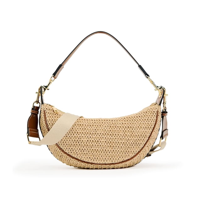 Bandoleras de paja para mujer, tejido en la playa, bolso hobo, elegante y veraniego, monederos de hombro en forma de media luna con correa ajustable 2025, color caqui